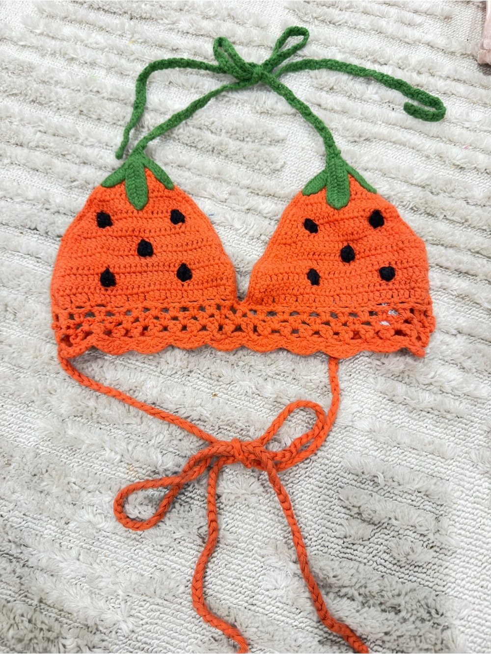 Forever 21 Orange Crochet Strawberry Triangle Bikini Top with Green Ties